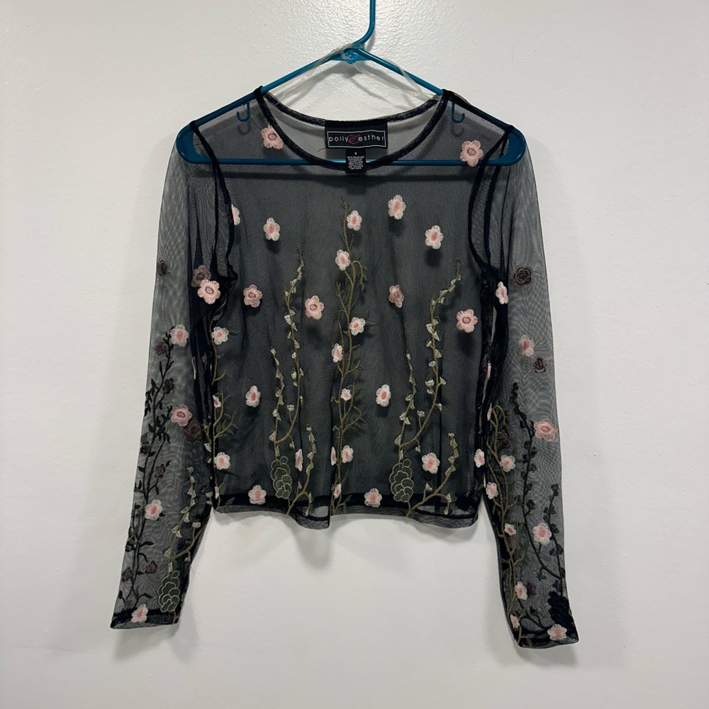 Polly & Esther Black Sheer Long-Sleeve Top with Pink Floral Embroidery 90s Y2K
